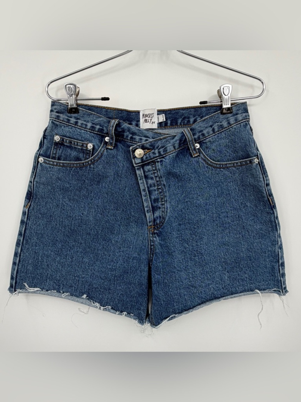 Princess Polly High Rise Asymmetric Crossover Waistband Cutoff Denim Jean Shorts